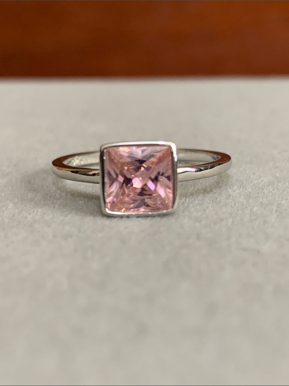 New 925 Silver Princess Cut Solitaire Pink CZ Ring sizes 6 & 7